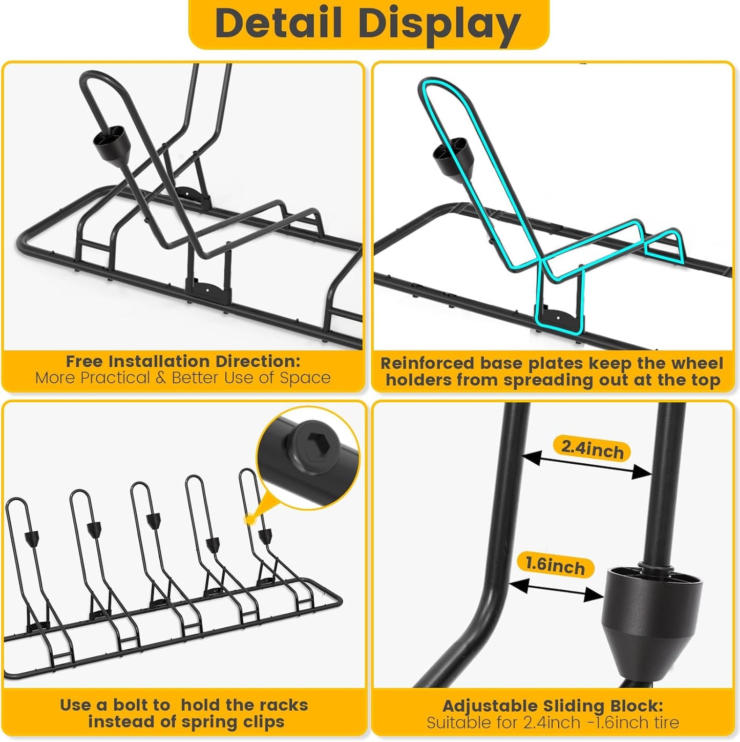 Floor Bike Rack for 5 Bikes, Safeguard Disc Brakes & Derailleurs Design, Waterproof Bicycle Stand Indoor/Outdoor/Garage Use, Fits 12"-29" Tires, Upgraded 0.63" Steel Tubes for Stability