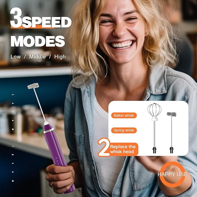 Milk Frother Rechargeable Handheld Electric Whisk Coffee Frother Mixer with 3 Stainless whisks 3 Speed Adjustable Foam Maker Blender for Coffee Matcha Latte Cappuccino Hot Chocolate(Purple)