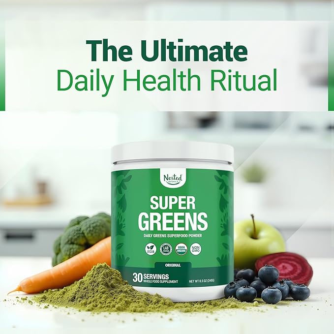 Nested Naturals Super Greens Daily Superfood Powder - Certified USDA Organic Green Powder w/20+ Whole Foods, Spirulina Powder,Wheat & Barley Grass - Probiotics, Fiber & Enzymes - Original Flavour, 30