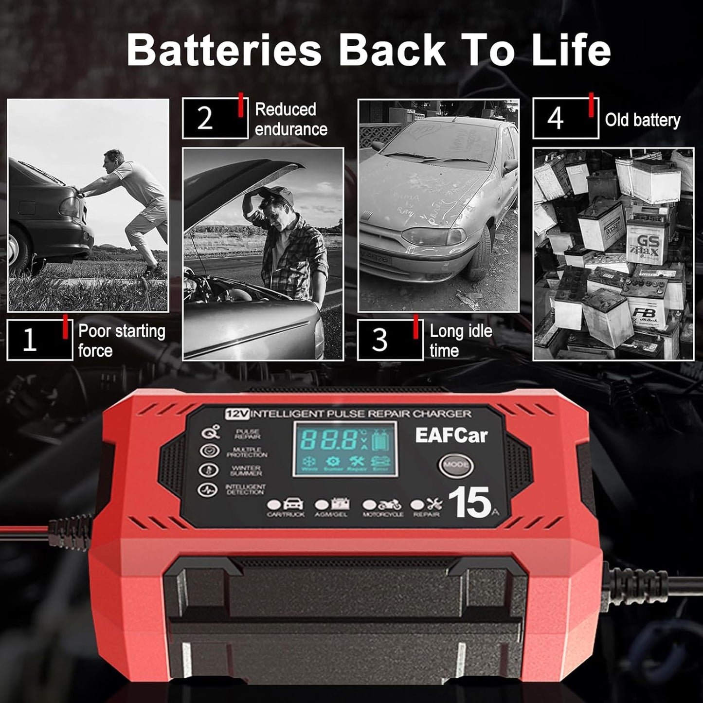 15-Amp Battery Charger, 12V Trickle Charger Car Battery Charger, Smart Automatic Lead Acid Charging with Temperature Compensation for Car Truck Lawn Mower Boat Marine(15A)