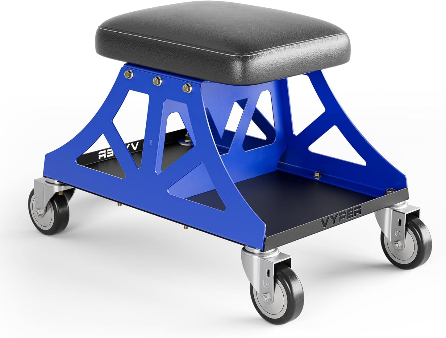Vyper Low Pro Garage Stool with Removable Seat for Mechanics, Automotive, DIY - 400 lb Capacity Rolling Shop Chair (Black Seat, Blue Frame)