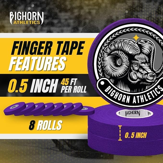 Bighorn Athletics Jiu Jitsu Finger Tape, Rock Climbing Tape | Multipurpose for Sports & Injuries: MMA, Volleyball, Football, Basketball, Tennis, Golf, Hands & Toes, 0.5-Inch x 45-feet, 8-Rolls, Purple