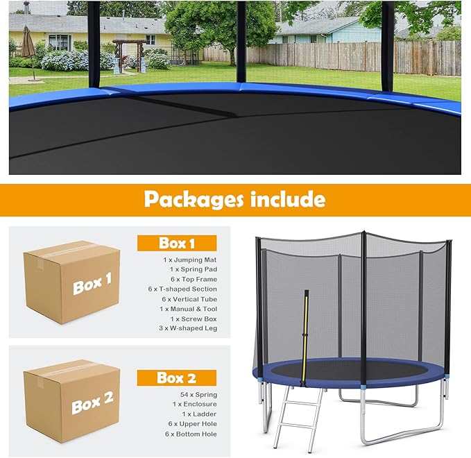 GYMAX Trampoline, 8FT 10FT 12FT 14FT 15FT 16FT Recreational Trampolines w/Safety Enclosure Net & Ladder - ASTM Certificated, Outdoor Trampoline for Kids and Adults