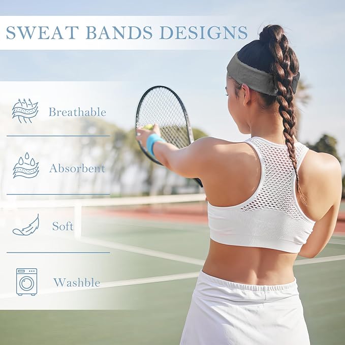 4 Pack Headbands for Men, Sweat Bands Headbands Men & Women, Cotton Terry Sweat Bands for Tennis, Basketball, Running, Gym, Working Out