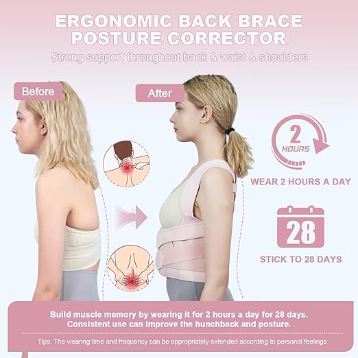 Posture Corrector for Women and Men Upgraded Back Brace, Adjustable Full Back Support for Upper and Lower Back Pain Relief, Shoulder Straightener for Hunchback, Scoliosis, Lumbar, Spine (Pink, Large)