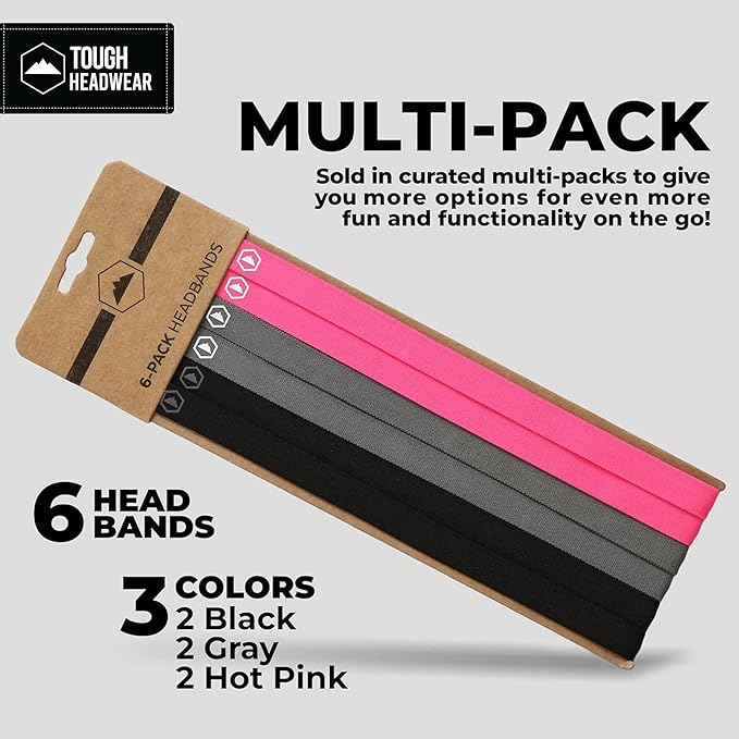 Tough Headwear Thin Elastic Headbands, Sports Headbands for Women & Men - Mens Workout Headband - Running or Soccer Headband - 6-Pack