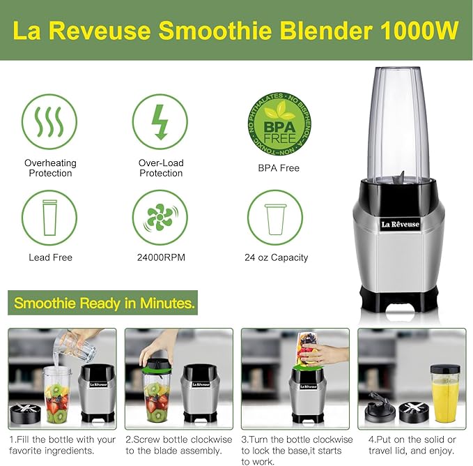 La Reveuse Personal Blender for Shakes and Smoothies 1000 Watt with 24 oz BPA-free Portable Travel Bottle, Dishwasher Safe (Silver)