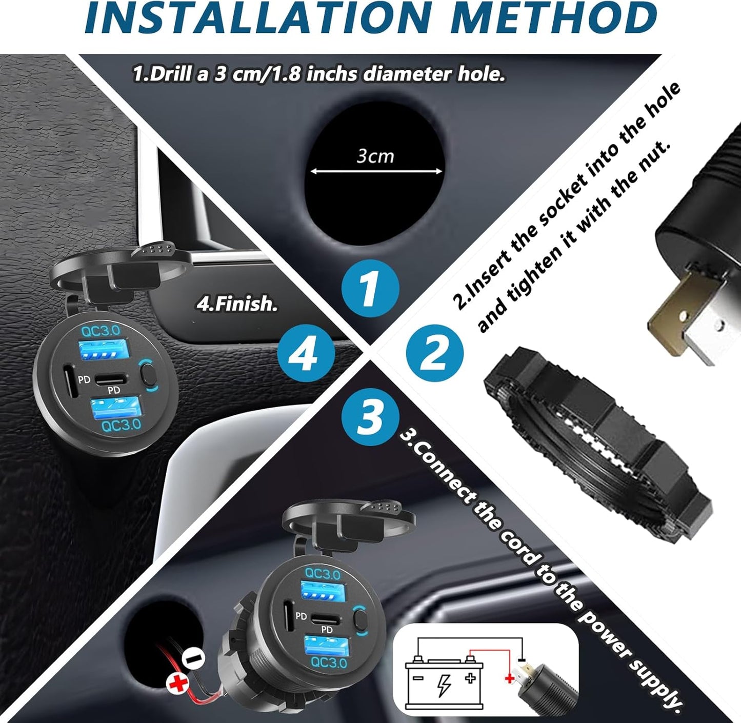 Dual PD USB C Ports & Dual USB Quick Charge 3.0 Ports 12V USB Outlet with Switch, VANONE Waterproof and Dustproof Car Charger Socket, Accessories for Car Boat Marine Motorcycle RV ATV Golf Cart, etc