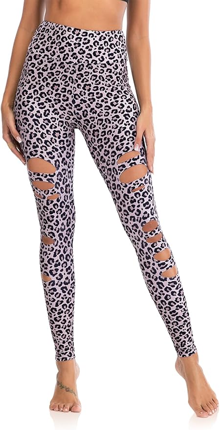 DIBAOLONG Womens High Waist Yoga Pants Cutout Ripped Tummy Control Workout Running Yoga Skinny Leggings