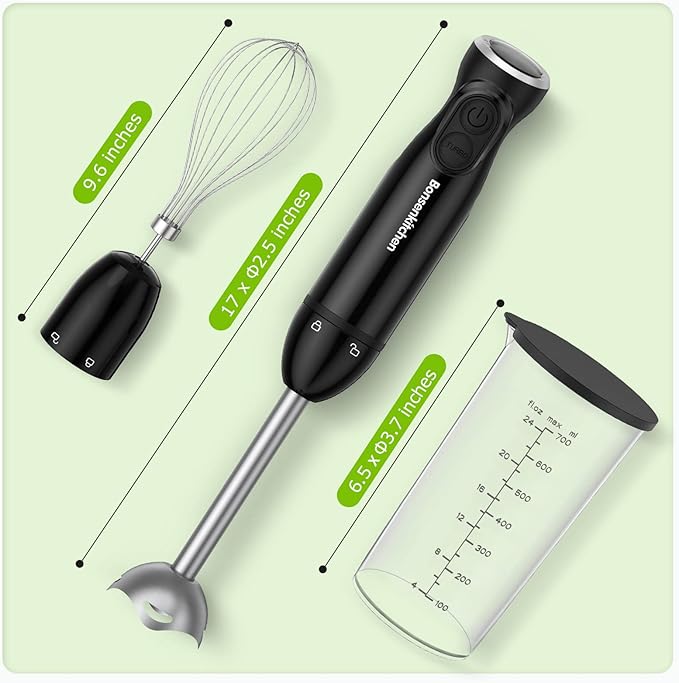 Bonsenkitchen Immersion Blender Handheld, 12-Speed and Turbo Hand Blender Electric with Sharp Blades, 3-In-1 Hand Held Stick Blender with Egg Whisk, 24oz Beaker for Soups, Smoothies, Sauce