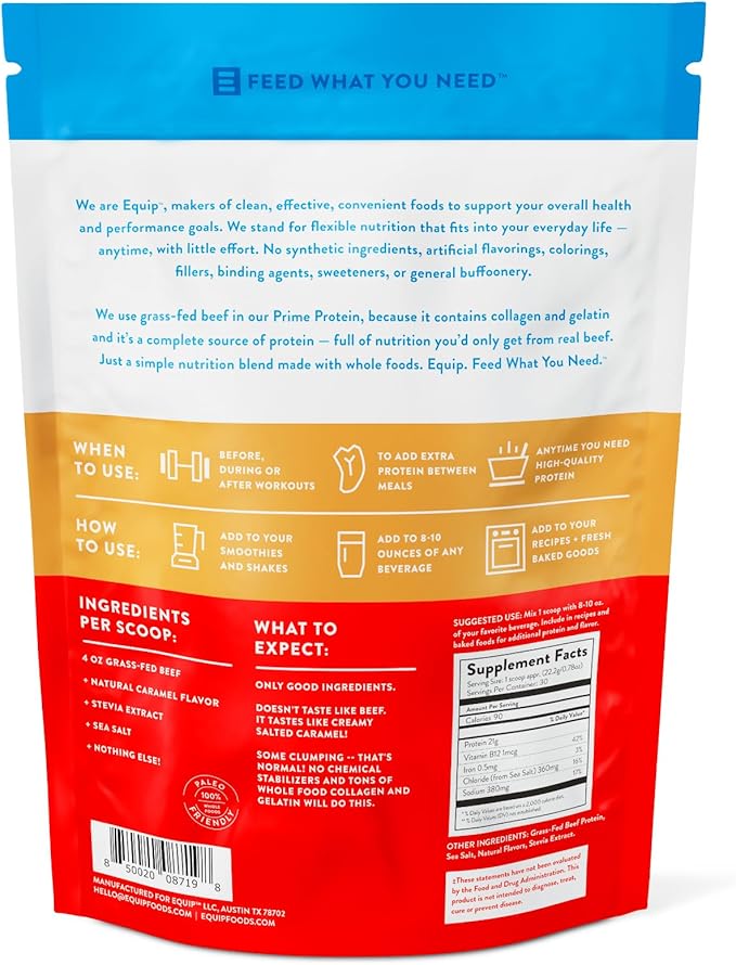 Equip Foods Prime Protein Powder | Clean, Grass Fed Beef Protein Isolate | Carnivore Protein Powder | Paleo, Keto Friendly | Gluten, Dairy Free | 30 Servings, Salted Caramel