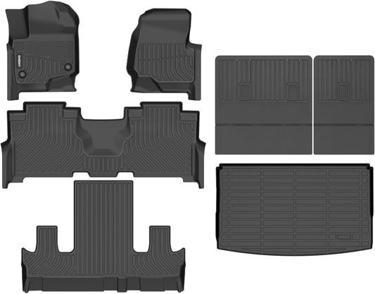 GINOWY-Floor Mats & Cargo Mat for Ford Expedition MAX 2021-2025 Bucket Seat 7 Passenger TPE Rubber All Weather Car Floor Mats Expedition Accessories Floor Liners Black
