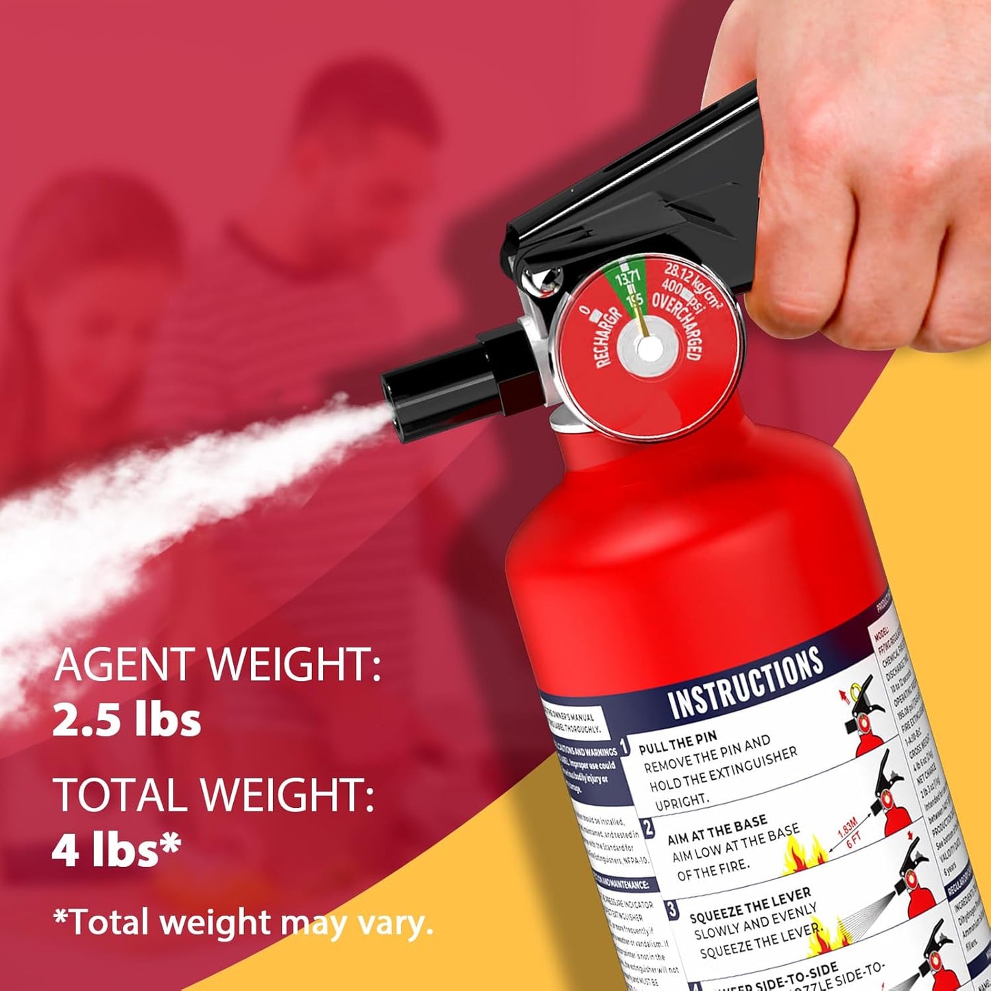 ABC Fire Extinguisher for Home & Vehicle - 2.5 lb 1-A:10-B:C Rated, Dry Chemical Fire Safety with Quick-Release Handle, Certified for Kitchen/Car/Boat Use (Model FF1KG)