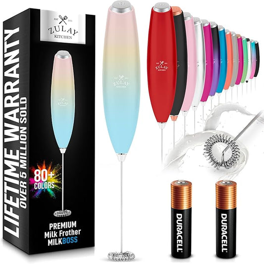 Zulay Kitchen Milk Frother Wand (2 Duracell Batteries Included) - Handheld Milk Frother - Easy-Clean Milk Frother Wand & Drink Mixer - Electric Coffee Frother for Frappe, Matcha - Cupcake