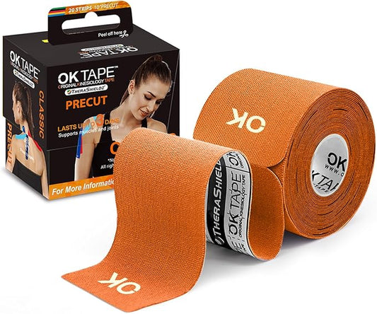 OK TAPE Kinesiology Tape 10 inches Precut, 20 Strips, Cotton Elastic Athletic Tape Latex Free, 2in x 16ft, Orange
