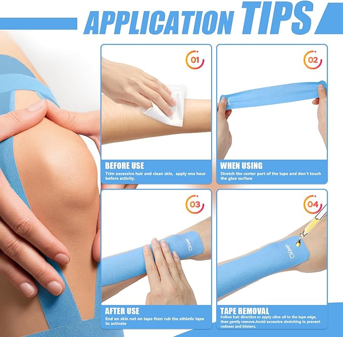 CKeep 4 Rolls Kinesiology Tape, Original Cotton Elastic Athletic Tape, 20 Precut 10" Strips Each, Light Blue, Ideal for Muscle Support & Injury Prevention