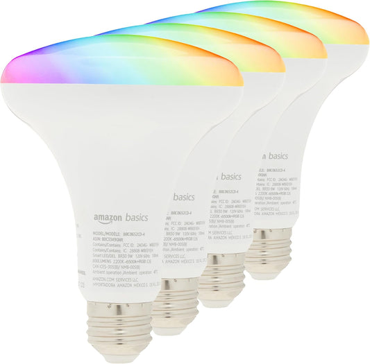 Amazon Basics Smart BR30 LED Light Bulb, Color Changing, 9W (60W Equivalent), 800LM, Works with Alexa Only, 2.4 GHz Wi-Fi, No Hub Required, 4 Pack