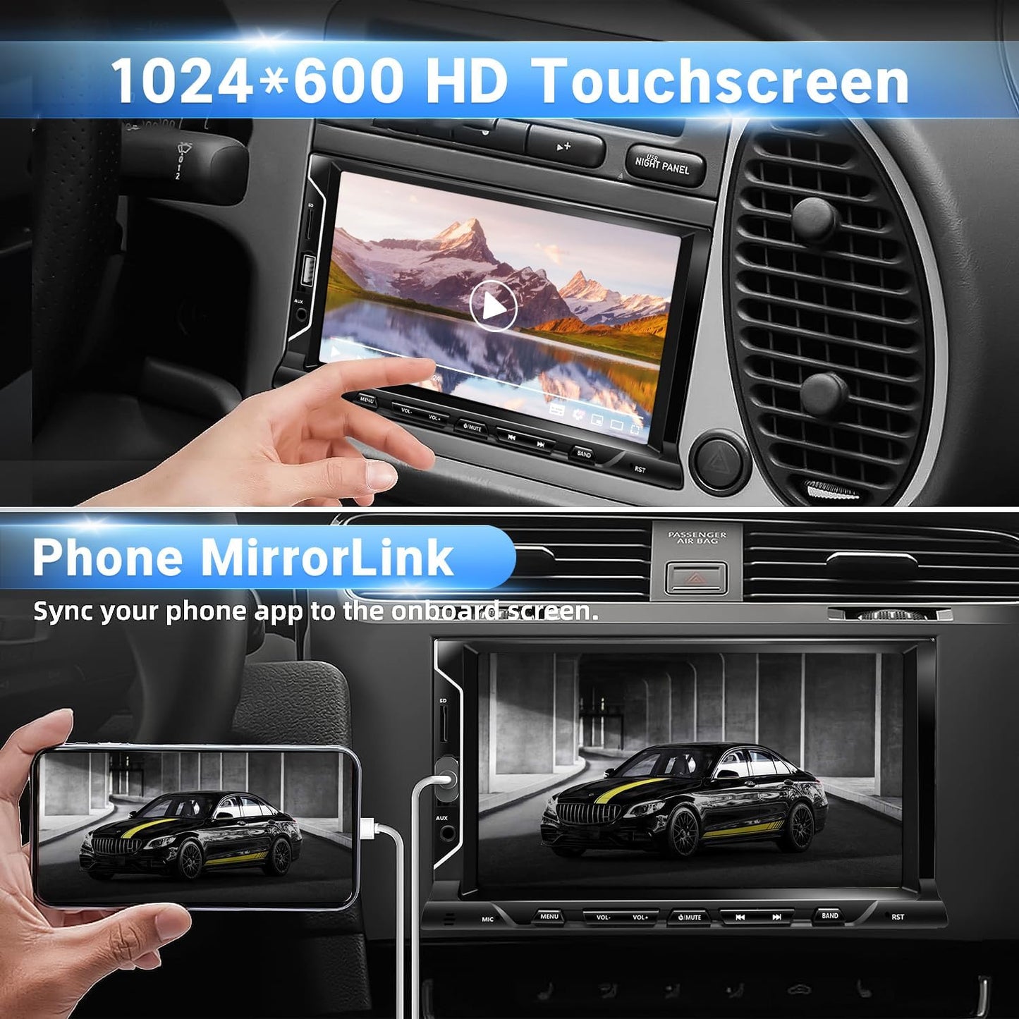 7 Inch Double Din Car Stereo Support Apple CarPlay Android Auto Mirror Link Capacitive Touchscreen Monitor Car Play Radio with Bluetooth 5.0, FM Radio, USB/TF/AUX Port, Backup Camera, Remote Control