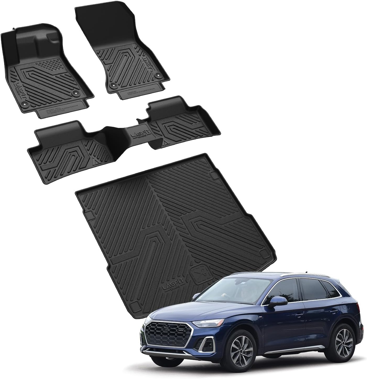 LASFIT Floor Mats & Cargo Mat for Audi Q5/SQ5 2018-2025 (Include Sportback 2021-2025), TPE All Weather Protection Custom Fit 1st & 2nd Row Rubber Floor Liners for Audi Automotive Accessories, Black