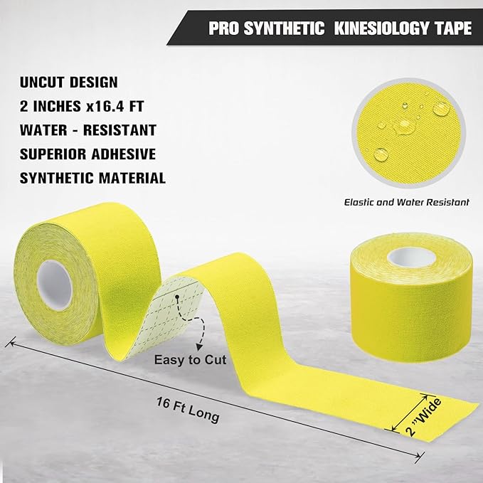 Pro Synthetic Kinesiology Tape 1 Roll, Athletic Sports Tape for Muscle Joint Support, Pain Relief for Knee Elbow Wrist Ankle, 2 in x 16.4 Ft, Yellow