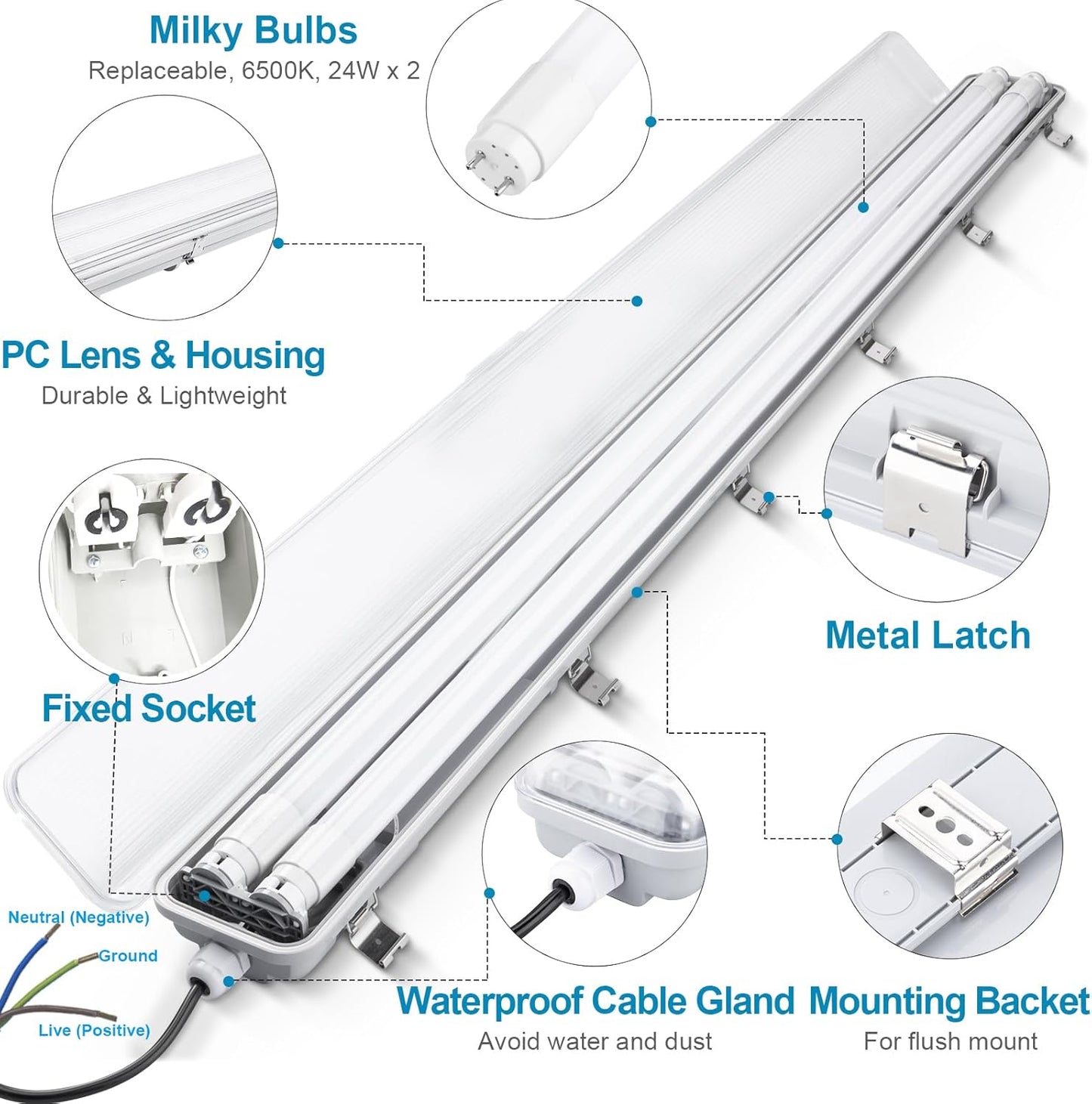 4FT Vapor Tight LED Light Fixture 4200LM 48W, 6500K Bright White IP65 Waterproof for Warehosue, Factory, Workshop, Garage, Car Wash，Indoor/Outdoor Ceiling Lights (8-Pack)
