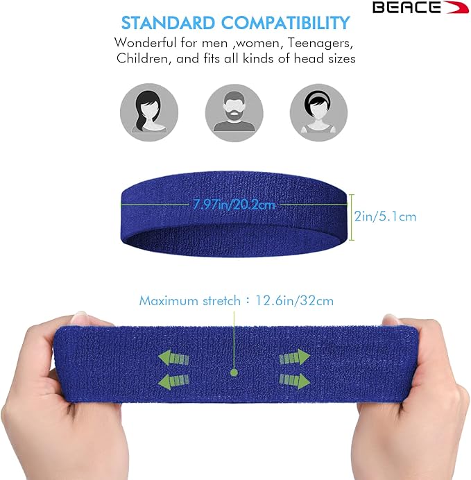 BEACE Sweatbands Sports Headband for Men & Women - Moisture Wicking Athletic Cotton Terry Cloth Sweatband for Tennis, Basketball, Running, Gym, Working Out