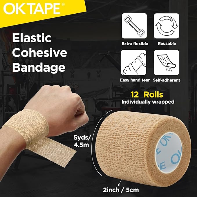 OK TAPE 12 Rolls Self Adhesive Bandage Wrap, Elastic Athletic Tape, Self Stick Bandage Tape, Vet Wrap, Medical Wrap for Wrist, Feet, 2" x 5 Yards - Beige