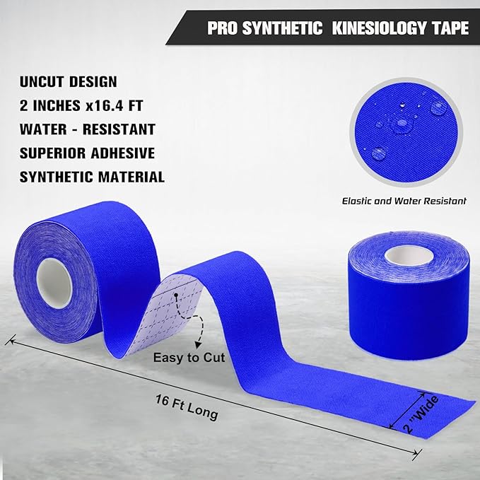 Pro Synthetic Kinesiology Tape 1 Roll, Athletic Sports Tape for Muscle Joint Support, Pain Relief for Knee Elbow Wrist Ankle Plantar Fasciitis, 2 in x 16.4 Ft, Blue