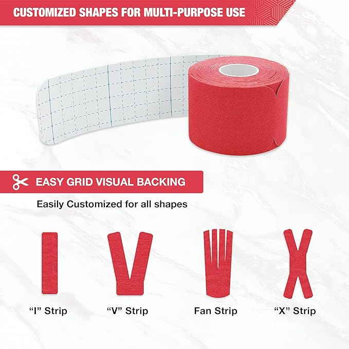 EVERLIT [4-Pack] Pre-Cut Elastic Cotton Kinesiology Therapeutic Athletic Sports Tape, for Pain Relief and Support, 80 Precut 10” Strips (Red)