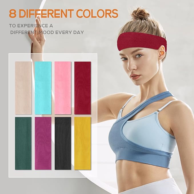 Workout Headbands for Women Non Slip - 8PCS Elastic Sport Head Bands for Women's Hair, Sweat Headband for Athletic Yoga Running Gym