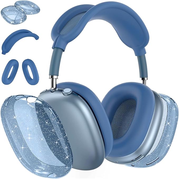 for AirPods Max Clear Blue Glitter Case, 3 in 1 Soft TPU Ear Cups and Pad Cover, Headband Cover for AirPod Max Accessories - Shinning