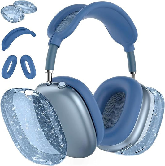 for AirPods Max Clear Blue Glitter Case, 3 in 1 Soft TPU Ear Cups and Pad Cover, Headband Cover for AirPod Max Accessories - Shinning