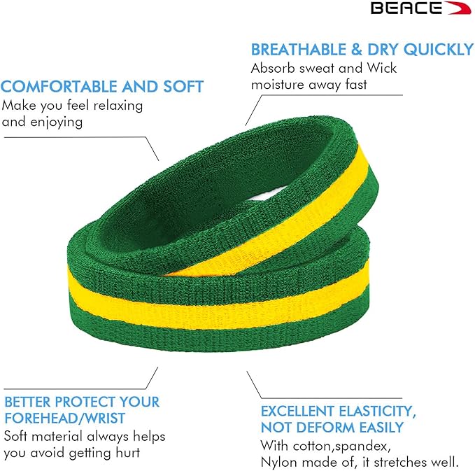 BEACE Sweatbands Sports Headband for Men & Women - Moisture Wicking Athletic Cotton Terry Cloth Sweatband for Tennis, Basketball, Running, Gym, Working Out