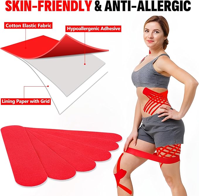 60PCS Precut Kinesiology Tape Strips, 2 inch x 10 inch Athletic Tape, Kinetic Tape, Elastic Muscle Tape, Sports Tape, Knee Tape for Exercise and Daily Use - Red