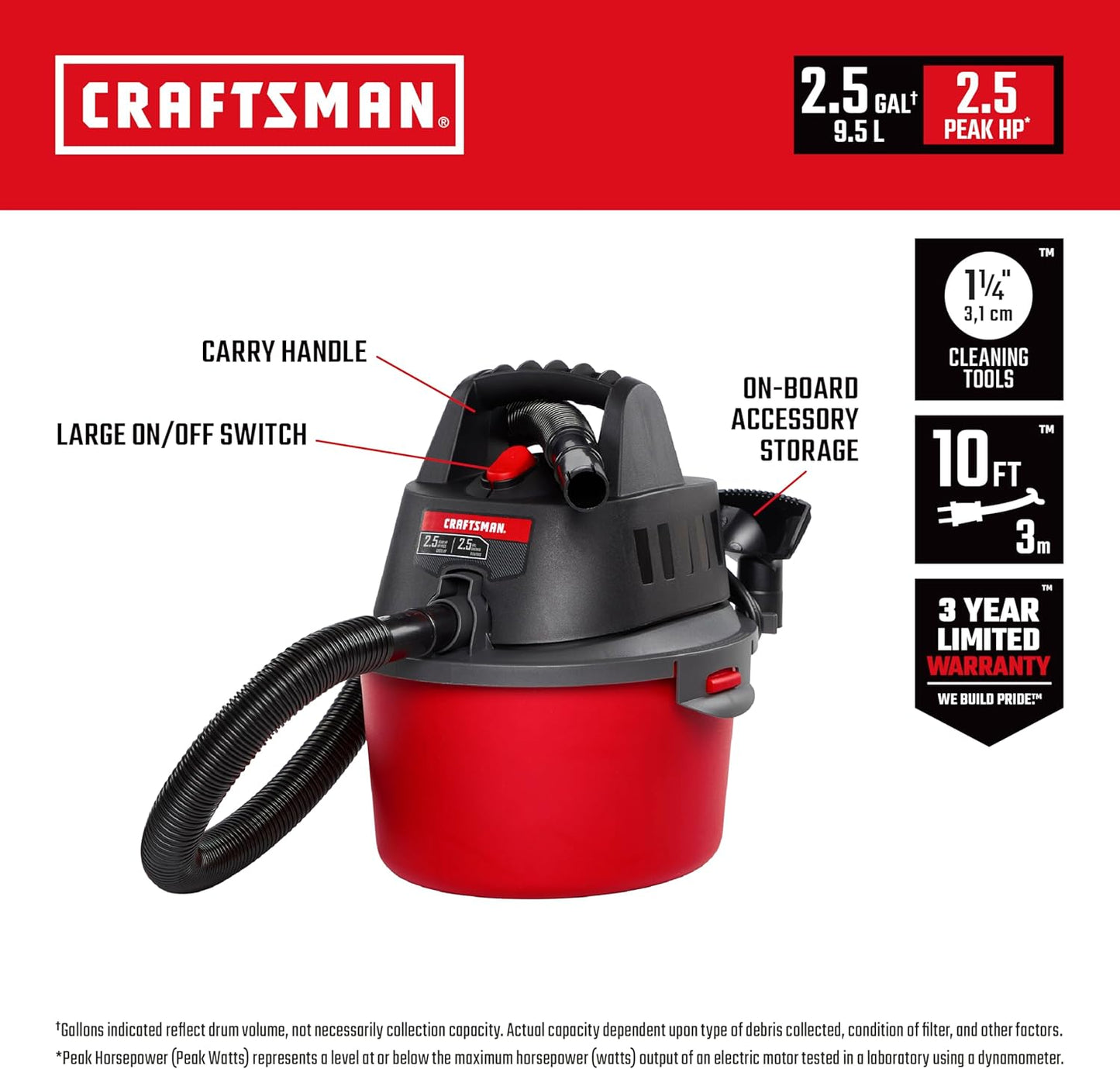 CRAFTSMAN CMXEVBE17596 20 Gal. 6.5 Peak HP Heavy Duty Wet/Dry Shop Vacuum with Filter, Dust Bag, Hose, Attachments and CMXEVBE17250 2.5 Gal. 2.5 Peak HP Portable Vac with Filter, Hose and Attachments