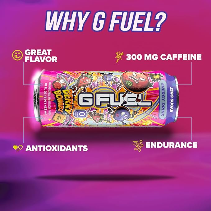 G Fuel Energy Drink, Berry Bomb, Sugar Free Carbonated Beverage with 300mg Caffeine, Daily Energy Boost with Focus Amino, Vitamin + Antioxidants, 16 oz Cans (Berry Bomb, 12-Pack)