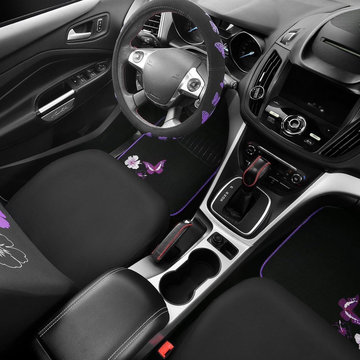 CAR PASS Universal Cloth Butterfly Car Seat Covers Full Set, Embroidered Flower Waterproof Car Floor Mats Carpet, Butterflies Steering Wheel Cover for Car Accessories Interior Sets (Black and Purple)