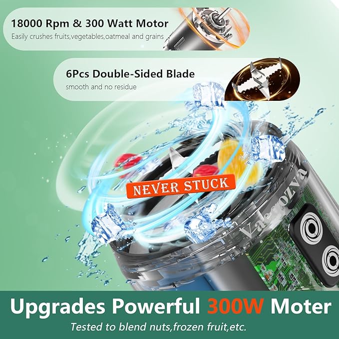 Portable Blender for Shakes and Smoothies, 24oz Travel Blender 300Watt on the Go Blender USB Rechargeable Personal Blender with a Travel Lid & BPA Free Bottle(Green Cap Black Body)