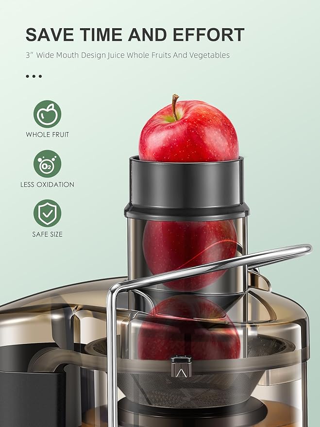 QCen Juicer Machine, 500W Centrifugal Juicer Extractor with 3” Wide Mouth Feed Chute for Fruits & Vegetables, Easy to Clean, Stainless Steel, BPA-Free
