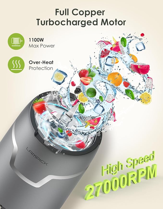 Smoothie Blender, 1100W Personal Blender for Shakes and Smoothies, Blenders and Grinder Combo for Kitchen with 2 * 22 Oz To-Go Cup and Lid for Protein Shake, Baby Food, Frozen Drink