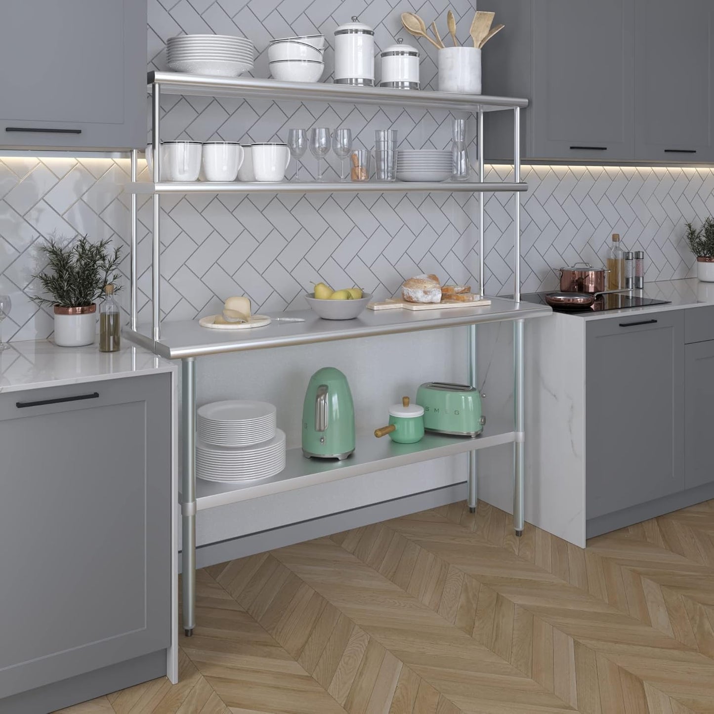 Amgood Stainless Steel Work Table Double Tier Overshelf | Metal Kitchen Prep Table & Shelving Combo (18" x 60" Work Table + 12" Overshelf)