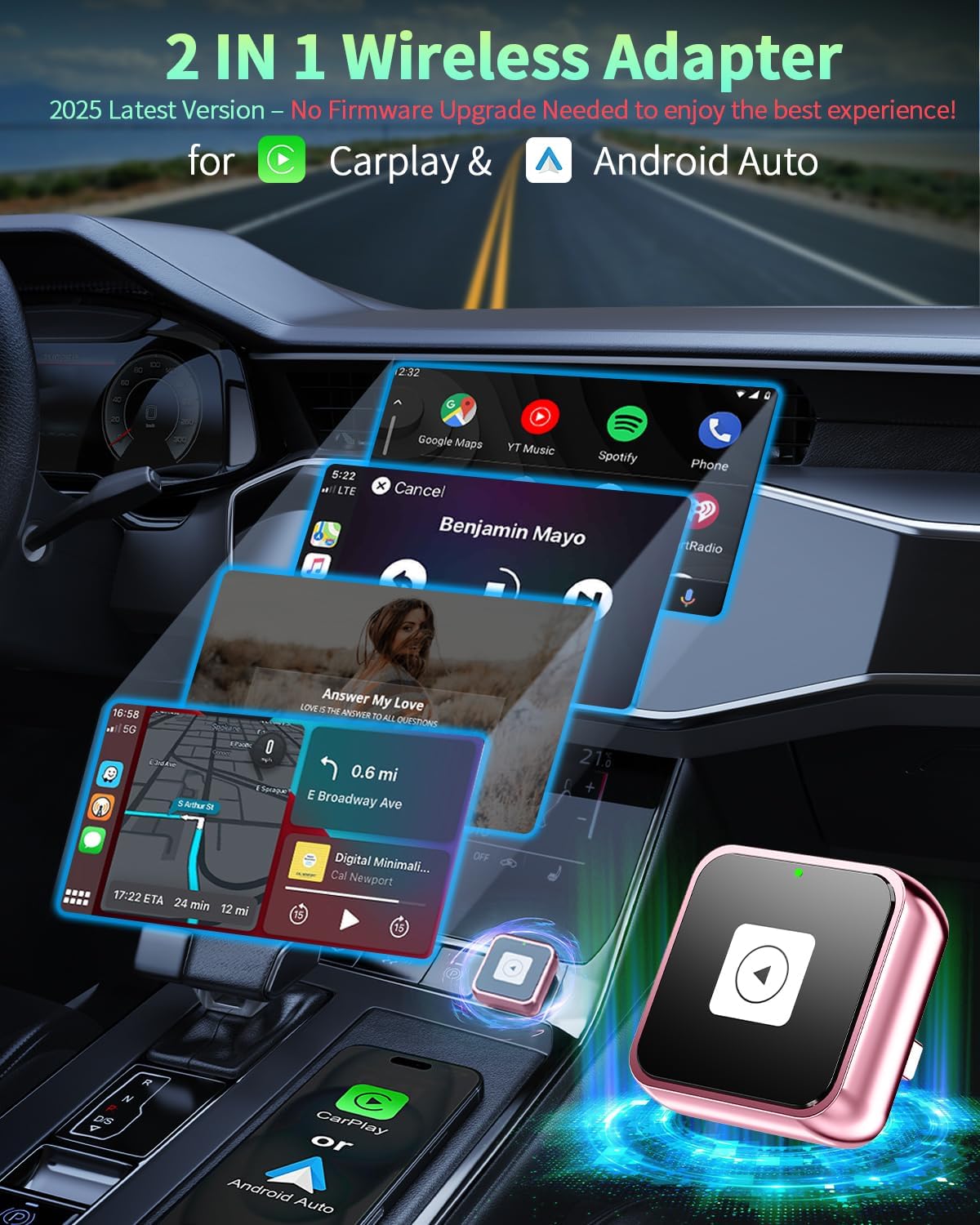 Wireless CarPlay & Android Auto Adapter 1-Inch (2.54cm) - Discreet Plug & Play, Stable 5G Connection for Music/Navigation, Works with iPhone iOS 10+ & Android 11,for 98% of Cars (2016-2025) (Pink)