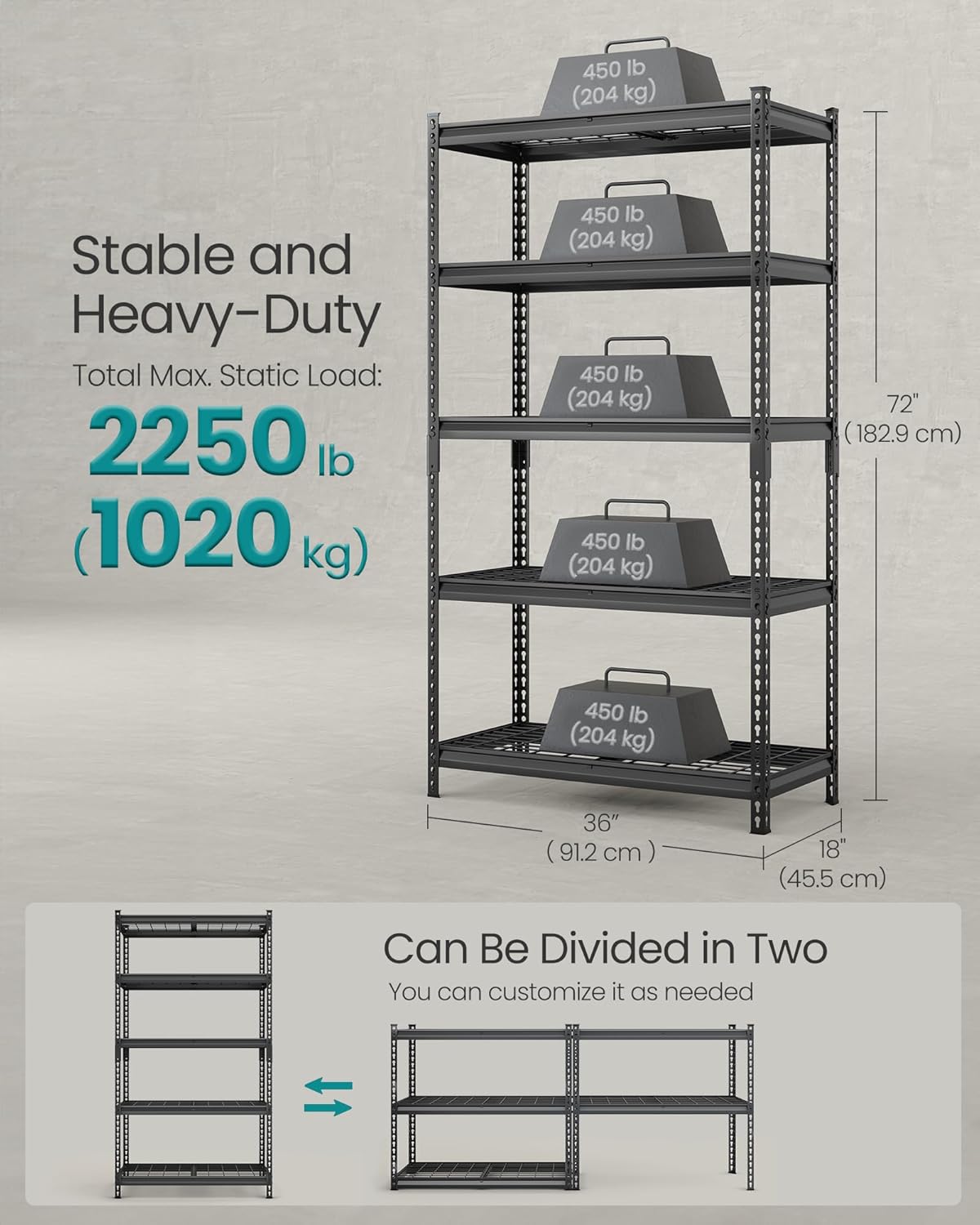 SONGMICS 5-Tier Storage Shelves Set of 2, Heavy-Duty Garage Shelving, Adjustable Shelving Unit, Steel Shelf, Boltless Assembly, for Garage, 2,250 lb Load, 18 x 72 x 72 Inches, Ink Black UGLR453B02