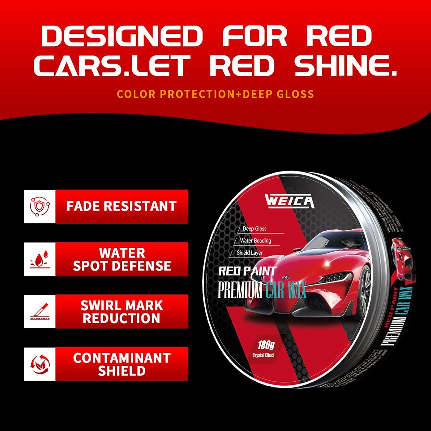 Car Wax for Red, Orange & Warm Color Paints | Sun Fade Defender & Metallic Pop | 180g Paste