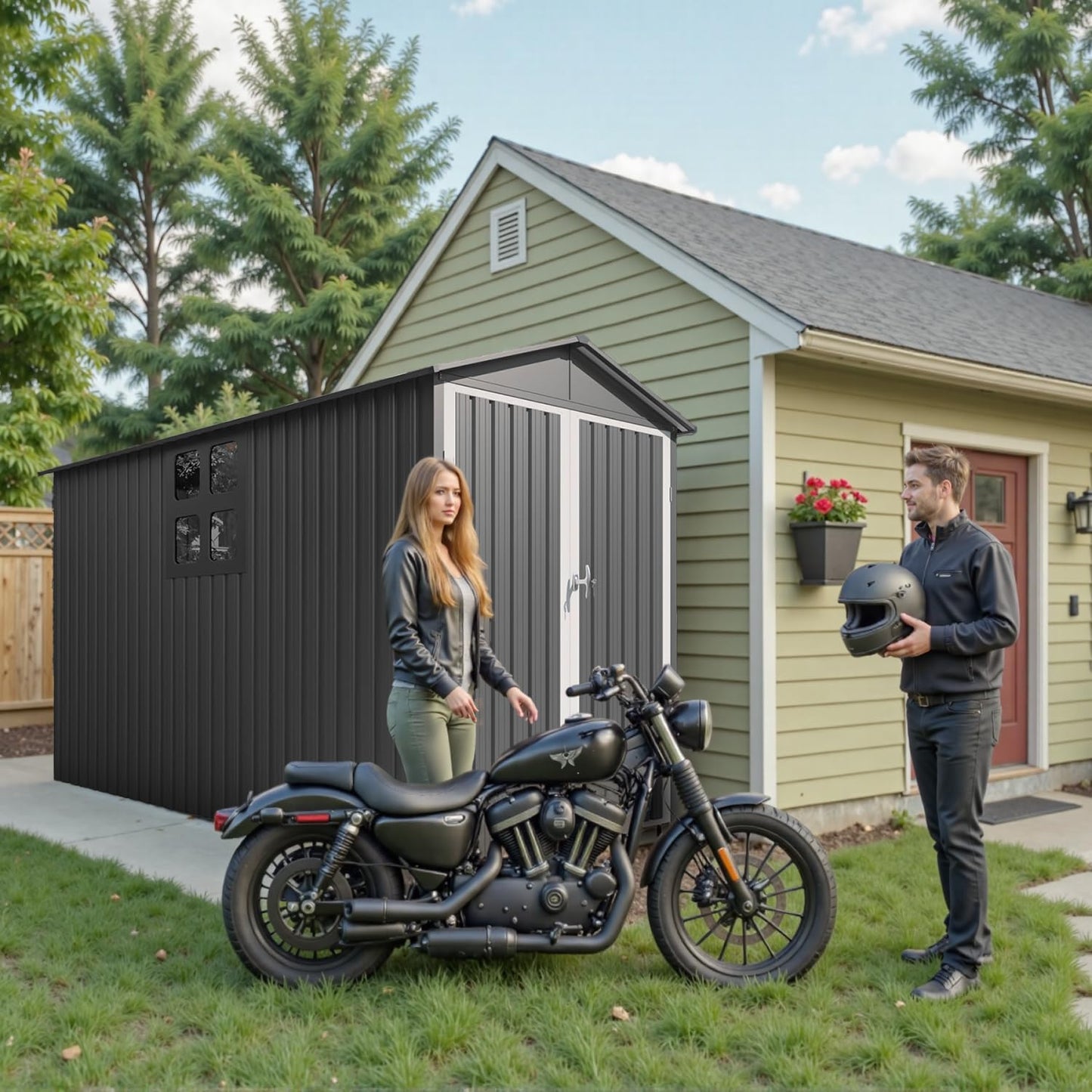 5’ x 10’ Motorcycle Storage Sheds, Metal Shelter & Garage with Windows and Lockable Door Handle, Heavy Duty Vehicle Shed for All Weather, Track System Included, Anthracite with White Trim