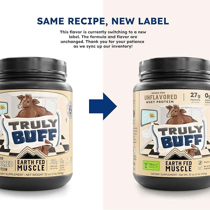 Earth Fed Muscle Truly Buff Truly Grass Fed Whey Protein Isolate - No Artificial Ingredients, Soy Free, Gluten Free, Non-GMO and Hormone Free (2 Pound, 30 Servings, Unflavored)