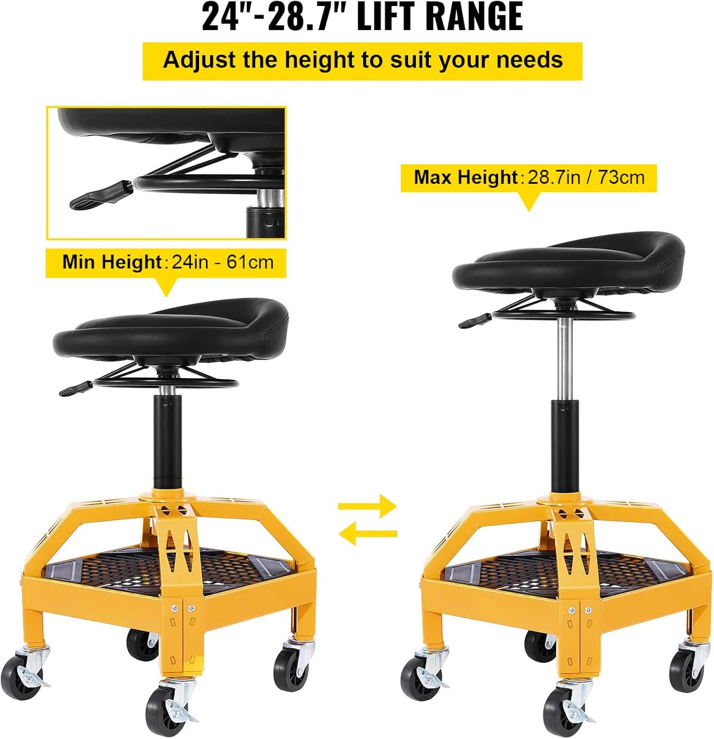 VEVOR Rolling Garage Stool, 300LBS Capacity, Adjustable Height from 24 in to 28.7 in, Mechanic Seat with 360-degree Swivel Wheels and Tool Tray, for Workshop, Auto Repair Shop, Yellow