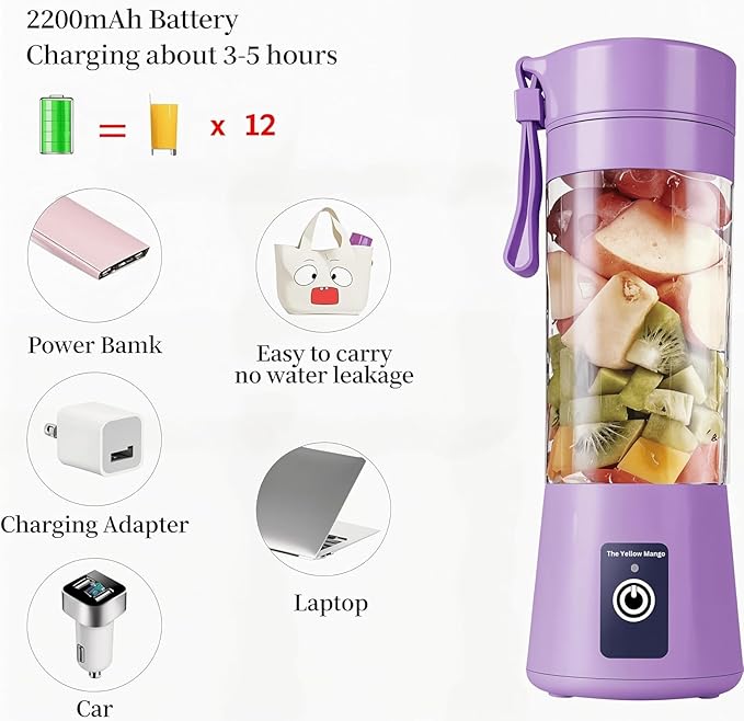 Portable USB Blender for Shakes and Smoothies – 380ml Personal Size, Rechargeable Juicer Cup, 6 Blades, 2000mAh Battery, Mini Travel Blender for Protein, Baby Food, Juice (Purple)