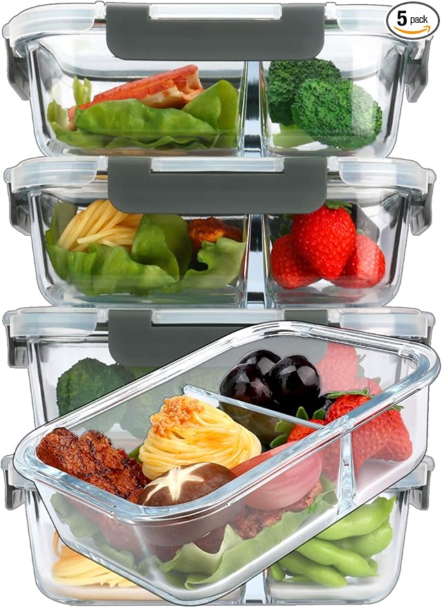 [5-Pack,36 Oz]Glass Meal Prep Containers 2 Compartments Portion Control with Upgraded Snap Locking Lids Glass Food Storage Containers, Microwave, Oven, Freezer and Dishwasher (4.5 Cups)