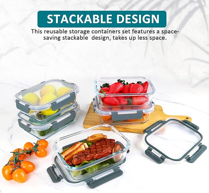 M MCIRCO [5-Packs, 30 Oz] Glass Meal Prep Containers with Snap Locking Lids Glass Food Containers,Airtight Lunch Container,Microwave, Oven, Freezer and Dishwasher